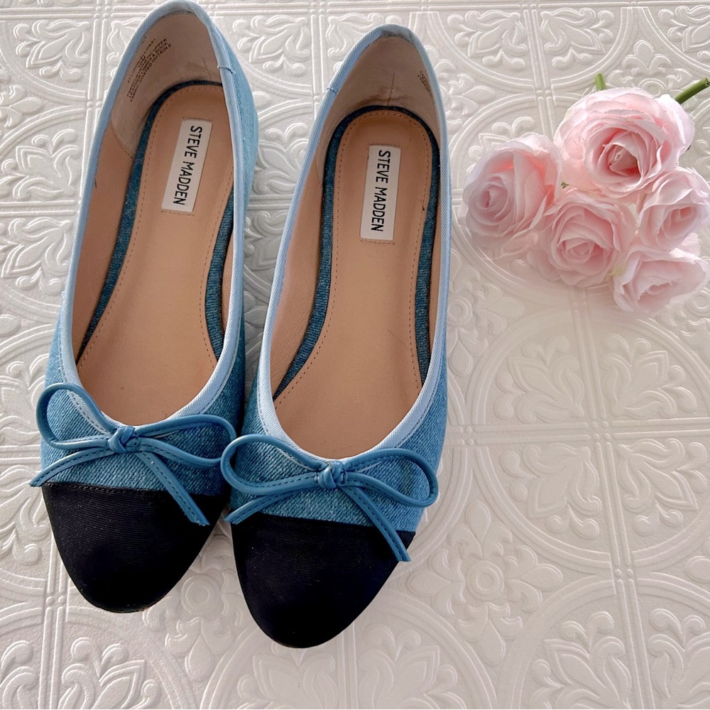 Steve Madden Preppy Blue Denim Ballet Flats Dainty Bow